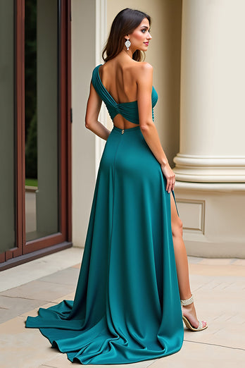 Peacock Green One Shoulder Satin Long Prom Dress with Slit