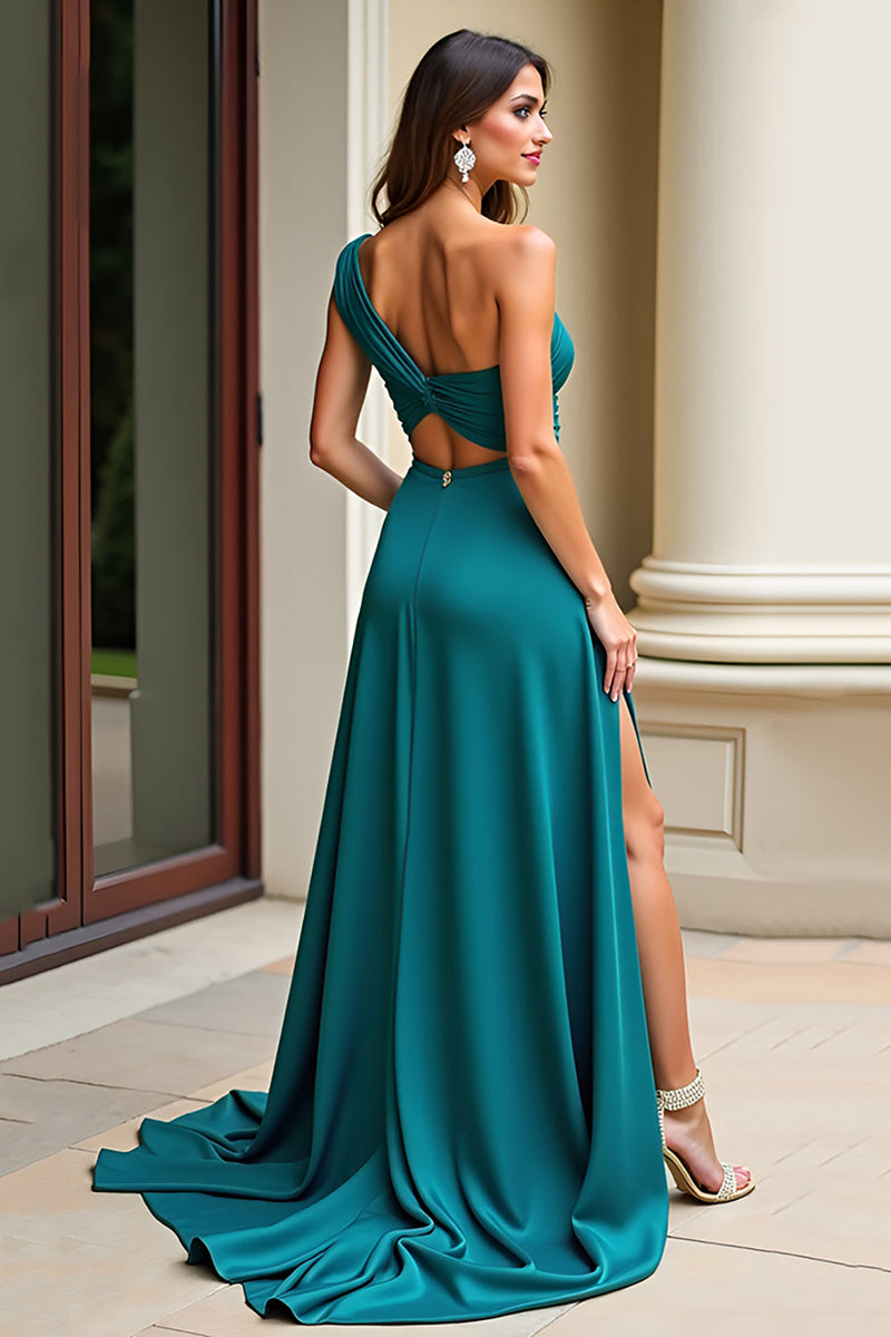 Load image into Gallery viewer, Peacock Green One Shoulder Satin Long Prom Dress with Slit