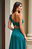 Load image into Gallery viewer, Peacock Green One Shoulder Satin Long Prom Dress with Slit