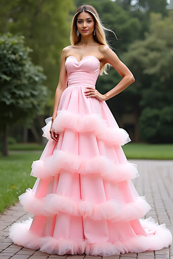 Pink Ball Gown Sweetheart Tiered Long Prom Dress