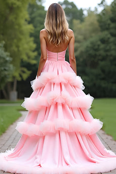 Pink Ball Gown Sweetheart Tiered Long Prom Dress