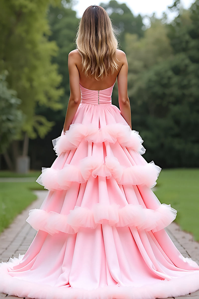 Load image into Gallery viewer, Pink Ball Gown Sweetheart Tiered Long Prom Dress