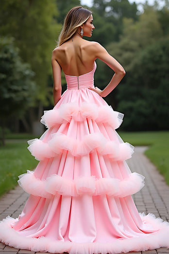 Pink Ball Gown Sweetheart Tiered Long Prom Dress