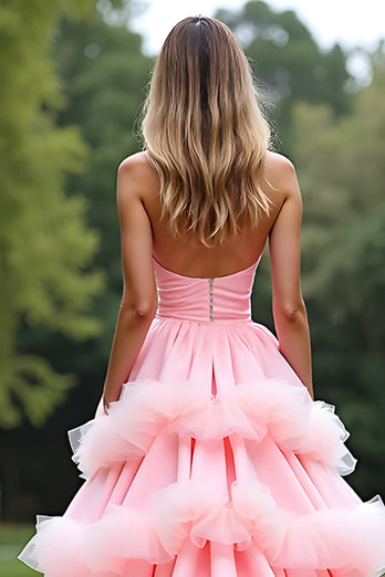 Pink Ball Gown Sweetheart Tiered Long Prom Dress