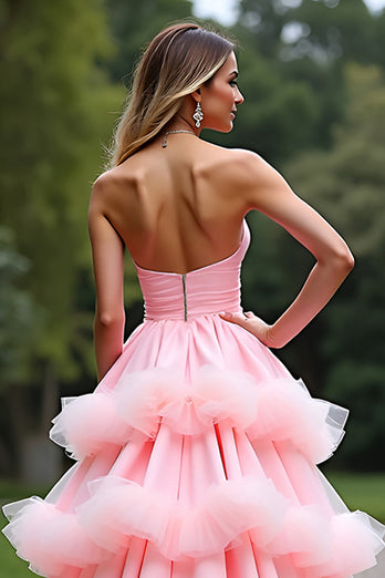 Pink Ball Gown Sweetheart Tiered Long Prom Dress