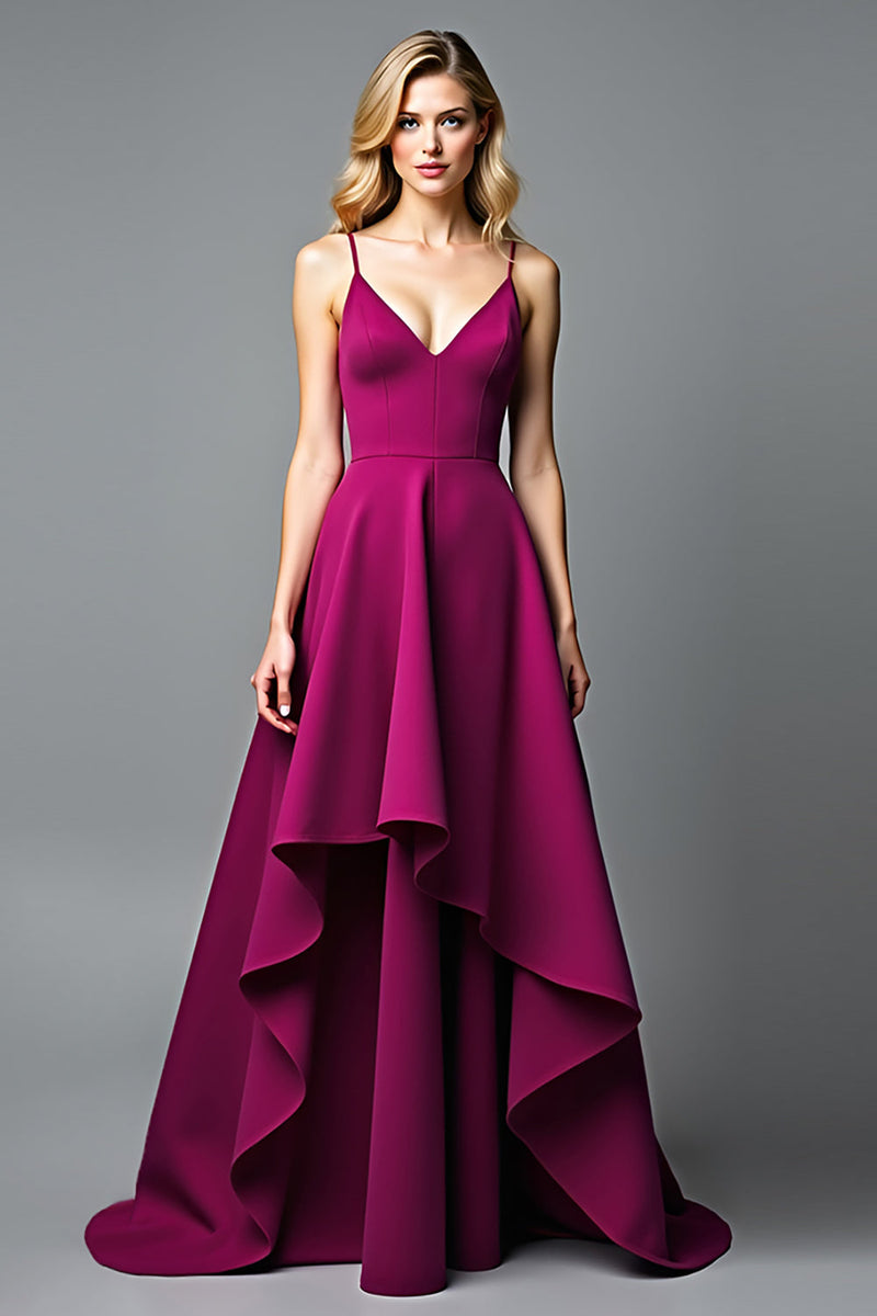 Load image into Gallery viewer, Dark Purple A Line V-Neck Long Satin Formal Dress with Ruffles