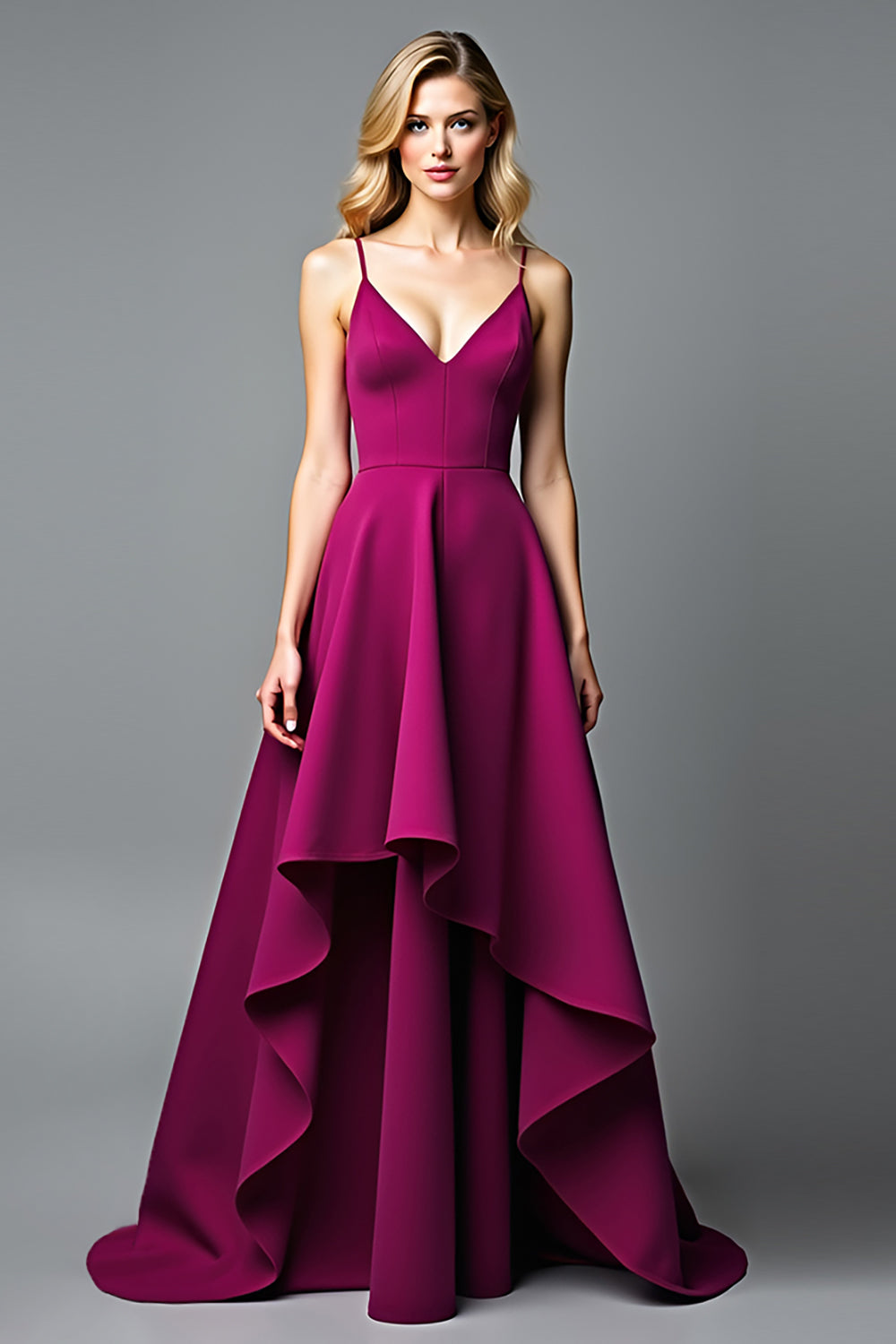 Dark Purple A Line V-Neck Long Satin Formal Dress with Ruffles