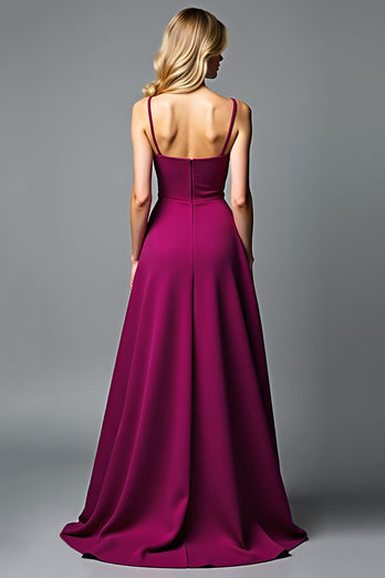 Dark Purple A Line V-Neck Long Satin Formal Dress with Ruffles