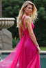 Load image into Gallery viewer, Fuchsia A Line Chiffon Sweetheart Long Prom Dress with Bowknot