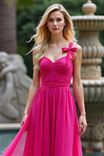 Fuchsia A Line Chiffon Sweetheart Long Prom Dress with Bowknot