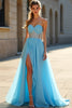 Load image into Gallery viewer, Blue A Line Long Chiffon Beaded Prom Dress with Slit