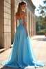 Load image into Gallery viewer, Blue A Line Long Chiffon Beaded Prom Dress with Slit