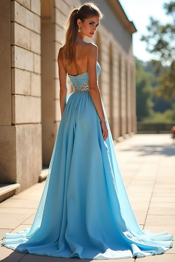 Blue A Line Long Chiffon Beaded Prom Dress with Slit