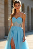 Load image into Gallery viewer, Blue A Line Long Chiffon Beaded Prom Dress with Slit