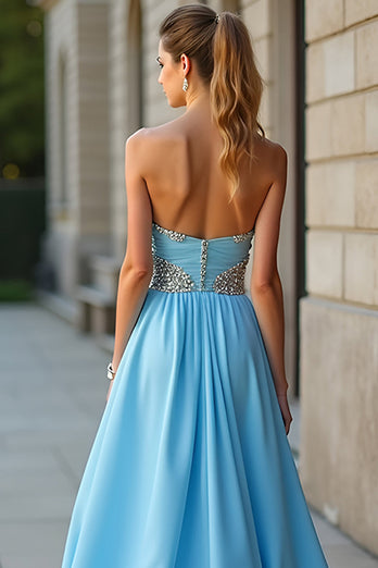 Blue A Line Long Chiffon Beaded Prom Dress with Slit