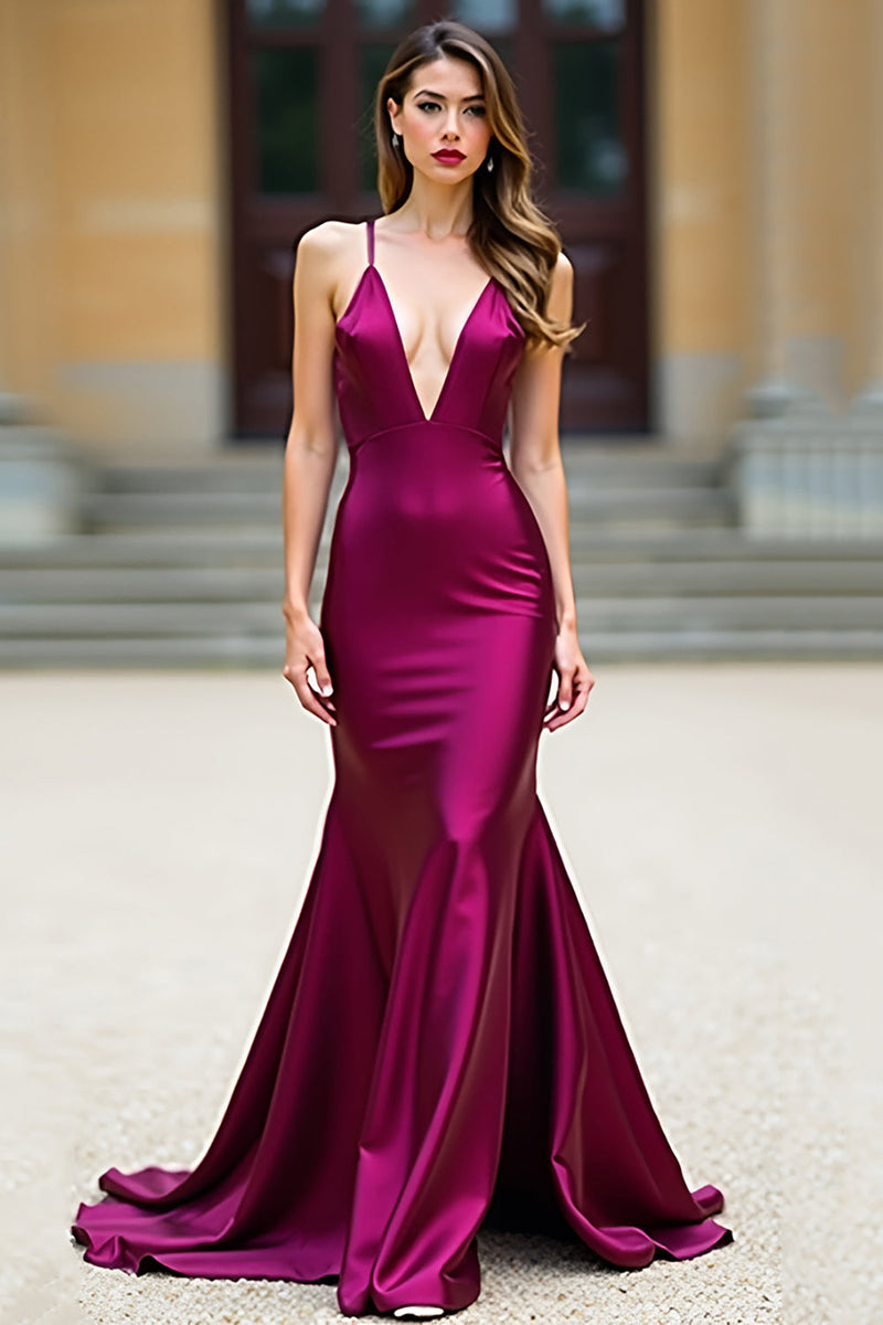 Load image into Gallery viewer, Dark Purple Satin V-Neck Spaghetti Straps Long Prom Dress