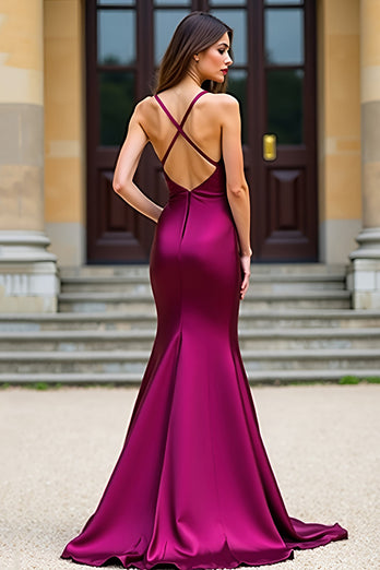 Dark Purple Satin V-Neck Spaghetti Straps Long Prom Dress