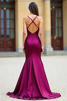 Dark Purple Satin V-Neck Spaghetti Straps Long Prom Dress