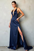 Load image into Gallery viewer, Navy Deep V-Neck Long Satin Formal Dress with Slit