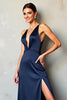 Load image into Gallery viewer, Navy Deep V-Neck Long Satin Formal Dress with Slit