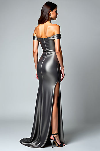 Dark Grey Off the Shoulder Long Formal Dress with Slit