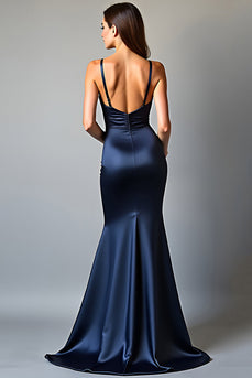 Navy Sheath Deep V-Neck Long Prom Dress with Slit