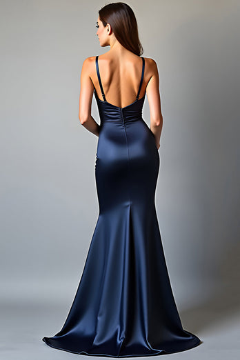 Navy Sheath Deep V-Neck Long Prom Dress with Slit