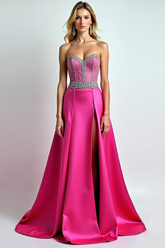 Fuchsia A Line Beaded Sweetheart Long Prom Dress with Slit