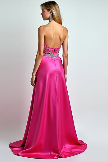 Fuchsia A Line Beaded Sweetheart Long Prom Dress with Slit