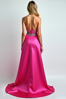 Fuchsia A Line Beaded Sweetheart Long Prom Dress with Slit