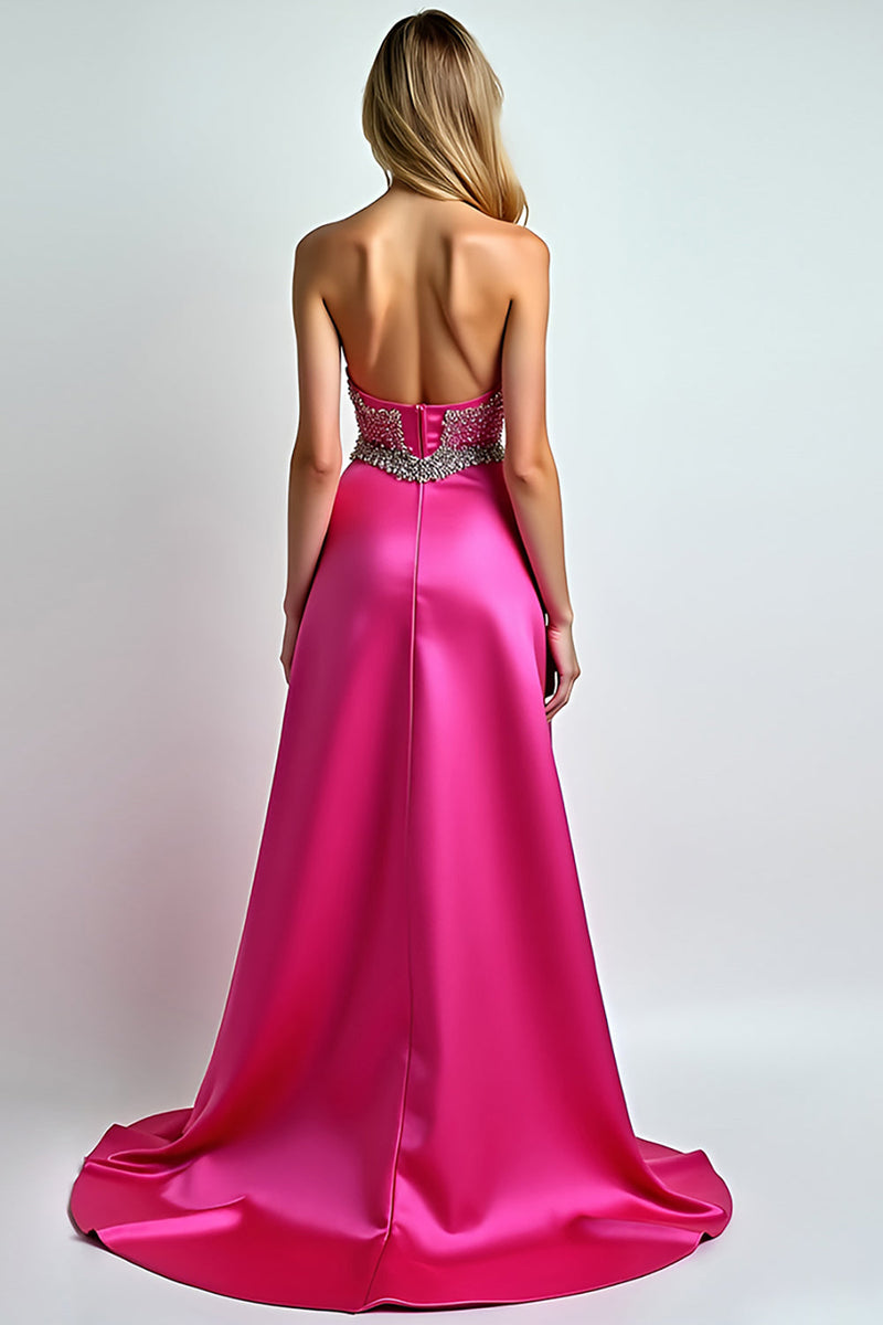 Load image into Gallery viewer, Fuchsia A Line Beaded Sweetheart Long Prom Dress with Slit