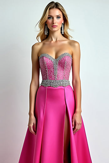 Fuchsia A Line Beaded Sweetheart Long Prom Dress with Slit