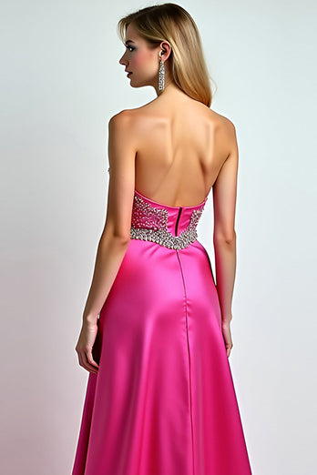 Fuchsia A Line Beaded Sweetheart Long Prom Dress with Slit