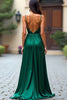 Load image into Gallery viewer, Dark Green A Line Ruched Satin Long Prom Dress with Slit