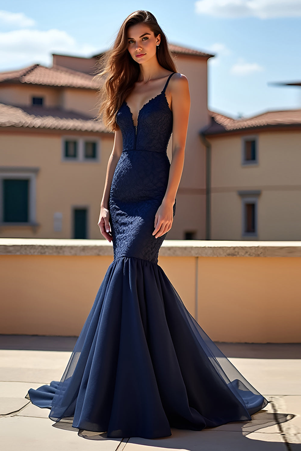 Navy Lace Mermaid Spaghetti Straps Long Prom Dress