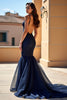 Load image into Gallery viewer, Navy Lace Mermaid Spaghetti Straps Long Prom Dress