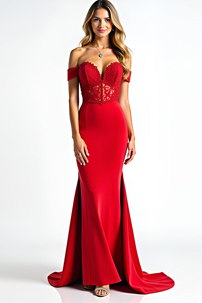 Load image into Gallery viewer, Sheath Red Off the Shoulder Long Prom Dress with Appliques