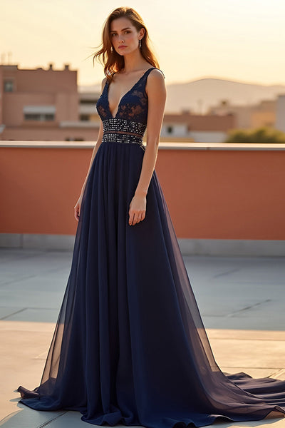 A Line Navy Backless V-Neck Long Formal Dress with Beading