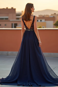 A Line Navy Backless V-Neck Long Formal Dress with Beading