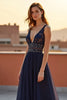 Load image into Gallery viewer, A Line Navy Backless V-Neck Long Formal Dress with Beading