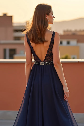 A Line Navy Backless V-Neck Long Formal Dress with Beading