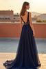 Load image into Gallery viewer, A Line Navy Backless V-Neck Long Formal Dress with Beading