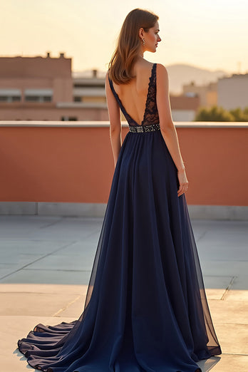 A Line Navy Backless V-Neck Long Formal Dress with Beading