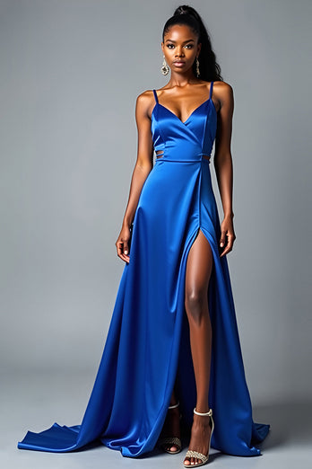 Royal Blue A Line Long Satin Prom Dress with Slit