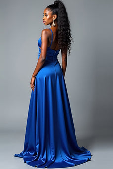 Royal Blue A Line Long Satin Prom Dress with Slit