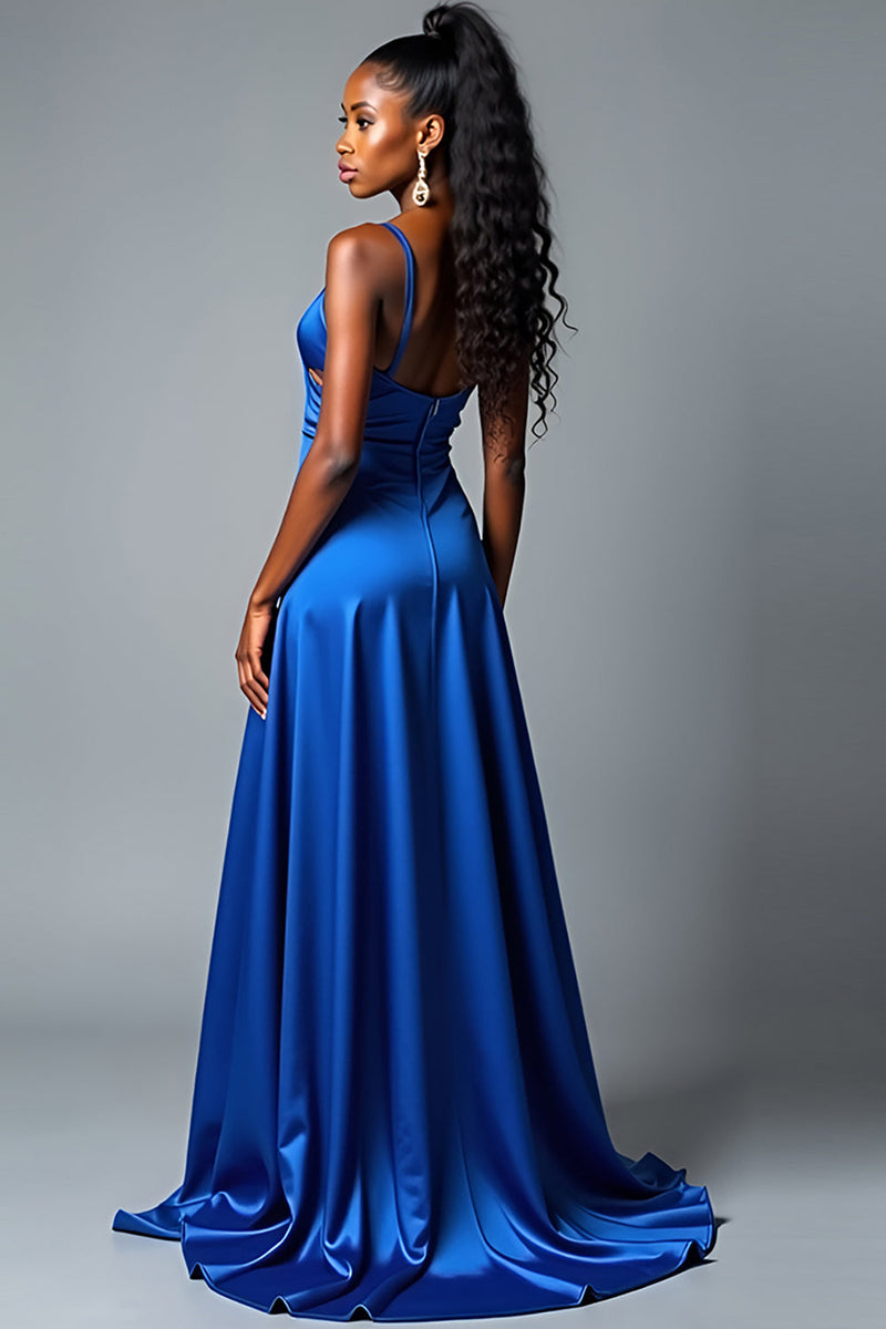 Load image into Gallery viewer, Royal Blue A Line Long Satin Prom Dress with Slit