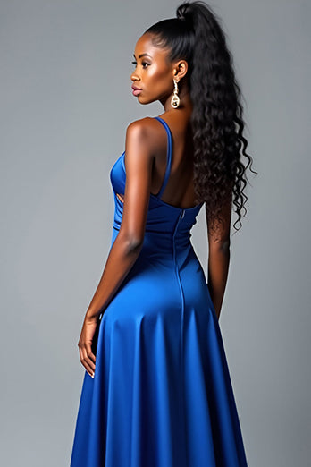 Royal Blue A Line Long Satin Prom Dress with Slit