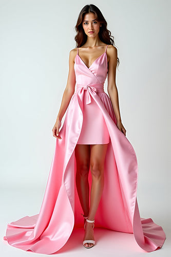 Pink Asymmetrical V-Neck High-Low Prom Dress