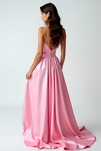 Pink Asymmetrical V-Neck High-Low Prom Dress