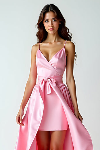 Pink Asymmetrical V-Neck High-Low Prom Dress